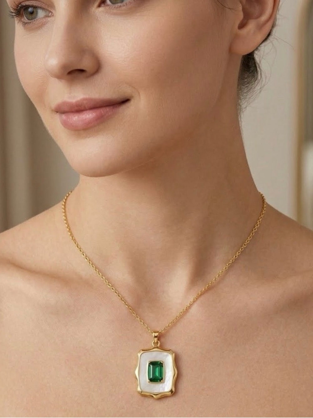 Gold Pendant Necklace with Emerald Green Center and Mother Of Pearl W/18” Chain